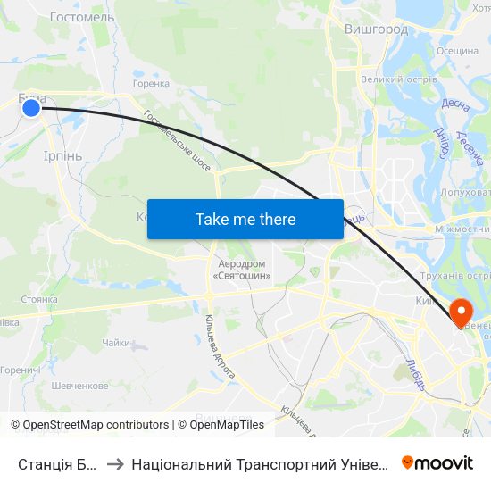 Станція Буча to Національний Транспортний Університет map