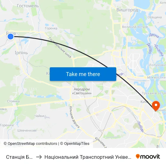 Станція Буча to Національний Транспортний Університет map