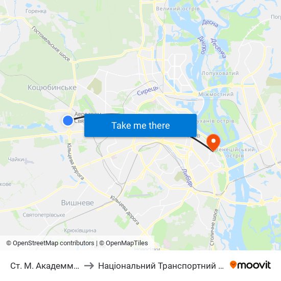 Ст. М. Академмістечко to Національний Транспортний Університет map