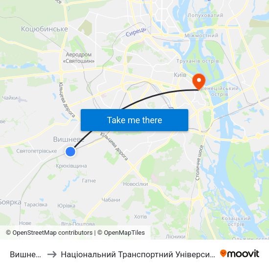Вишневе to Національний Транспортний Університет map