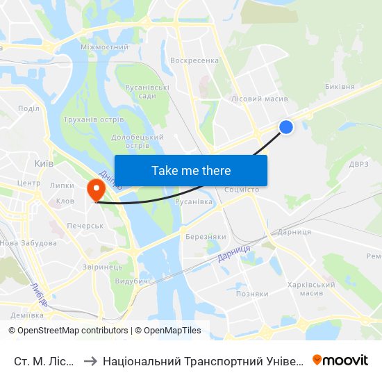 Ст. М. Лісова to Національний Транспортний Університет map