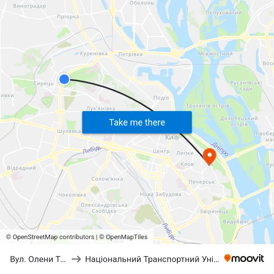 Вул. Олени Теліги to Національний Транспортний Університет map