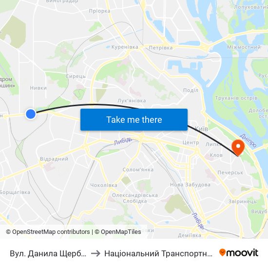 Вул. Данила Щербаківського to Національний Транспортний Університет map