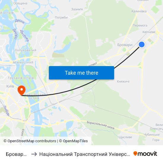 Бровари-1 to Національний Транспортний Університет map
