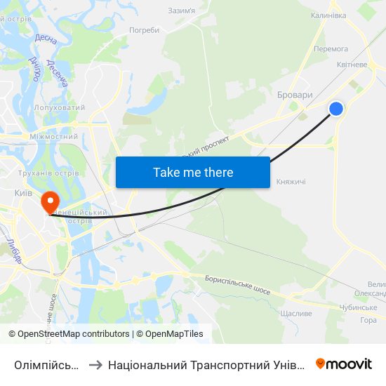 Олімпійська-1 to Національний Транспортний Університет map