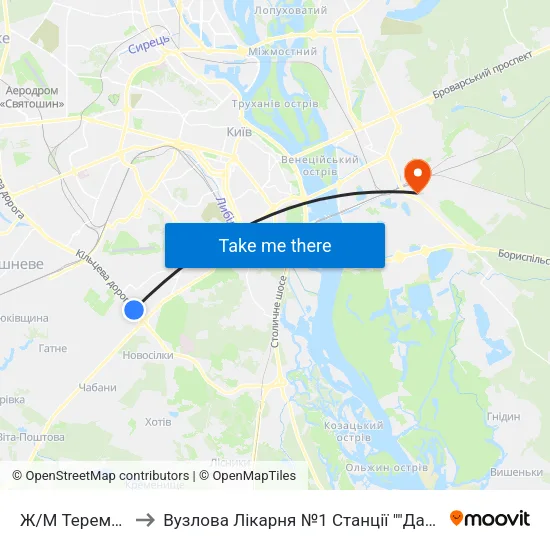Ж/М Теремки-1 to Вузлова Лікарня №1 Станції ""Дарниця"" map