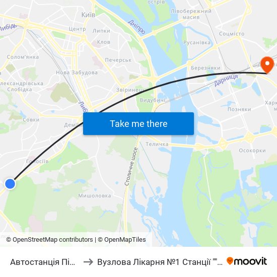 Автостанція Південна to Вузлова Лікарня №1 Станції ""Дарниця"" map