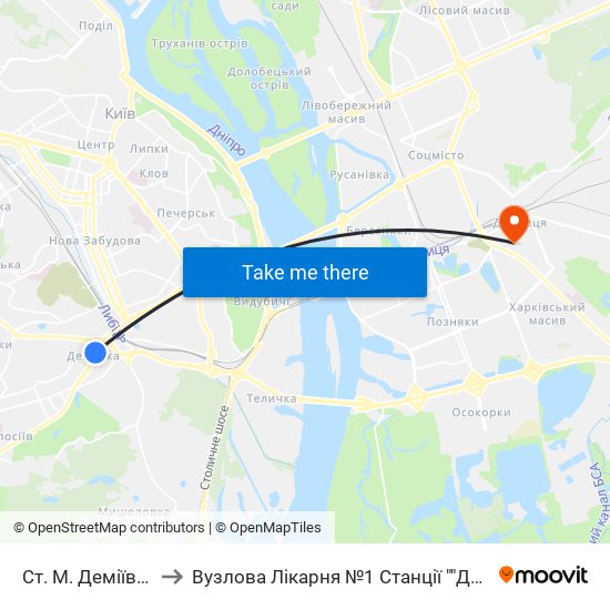 Ст. М. Деміївська to Вузлова Лікарня №1 Станції ""Дарниця"" map