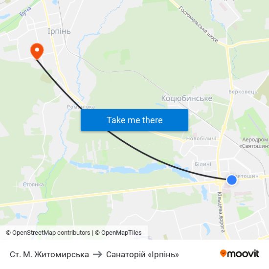 Ст. М. Житомирська to Санаторій «Ірпінь» map