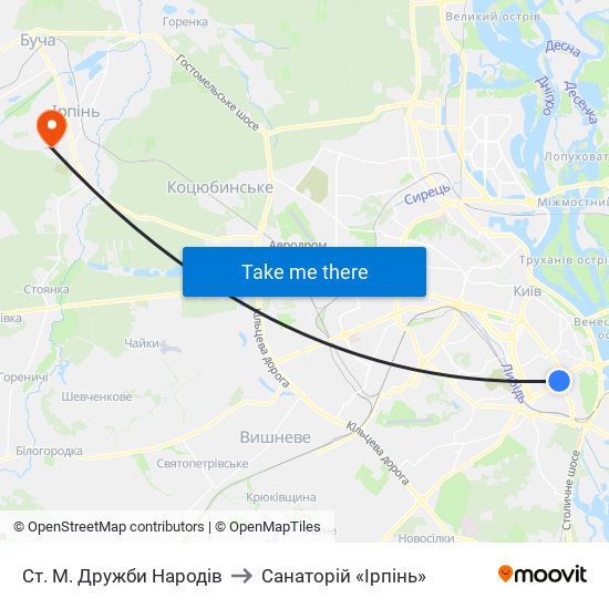 Ст. М. Дружби Народів to Санаторій «Ірпінь» map