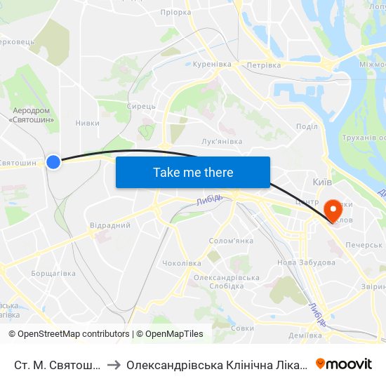Ст. М. Святошин to Олександрівська Клінічна Лікарня map
