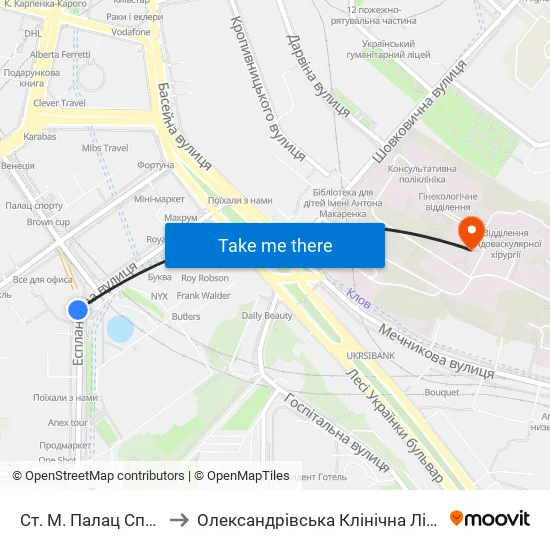Ст. М. Палац Спорту to Олександрівська Клінічна Лікарня map