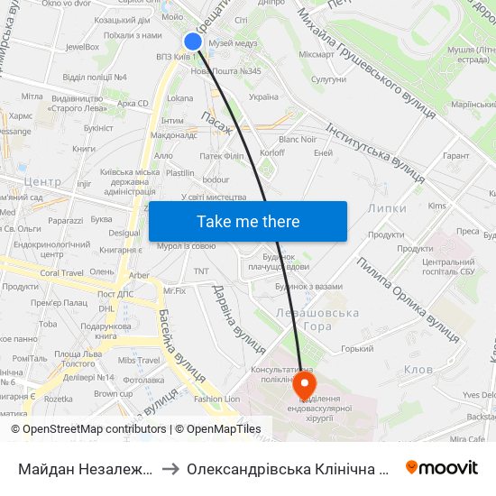 Майдан Незалежності to Олександрівська Клінічна Лікарня map