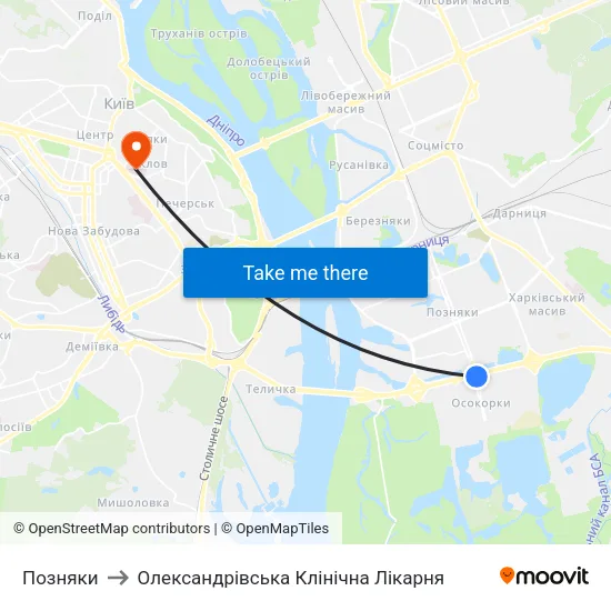 Позняки to Олександрівська Клінічна Лікарня map