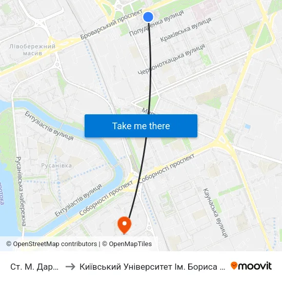 Ст. М. Дарниця to Київський Університет Ім. Бориса Грінченка map