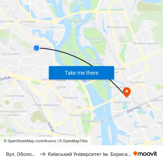 Вул. Оболонська to Київський Університет Ім. Бориса Грінченка map