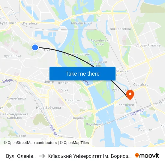 Вул. Оленівська to Київський Університет Ім. Бориса Грінченка map