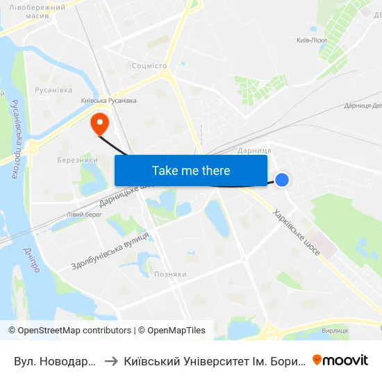 Вул. Новодарницька to Київський Університет Ім. Бориса Грінченка map