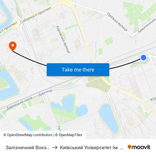 Залізничний Вокзал Дарниця to Київський Університет Ім. Бориса Грінченка map