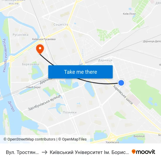 Вул. Тростянецька to Київський Університет Ім. Бориса Грінченка map
