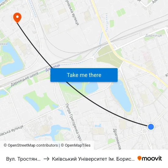 Вул. Тростянецька to Київський Університет Ім. Бориса Грінченка map
