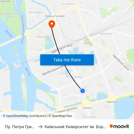 Пр. Петра Григоренка to Київський Університет Ім. Бориса Грінченка map