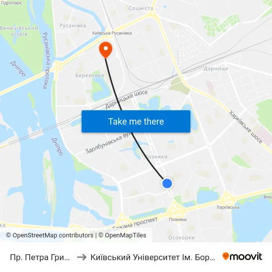 Пр. Петра Григоренка to Київський Університет Ім. Бориса Грінченка map