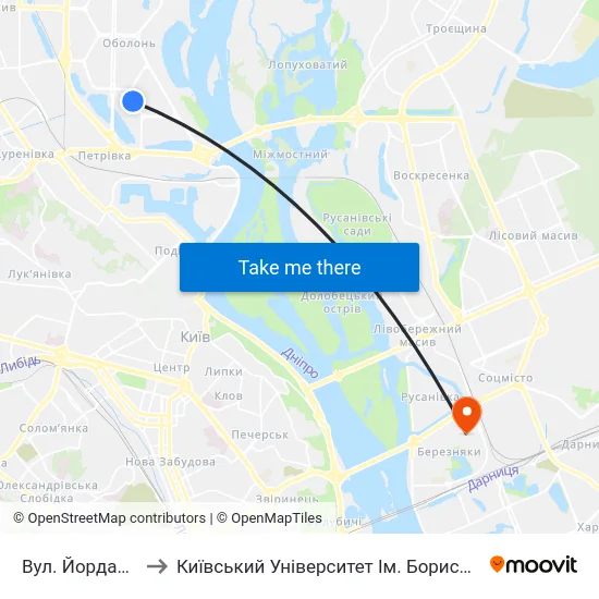 Вул. Йорданська to Київський Університет Ім. Бориса Грінченка map