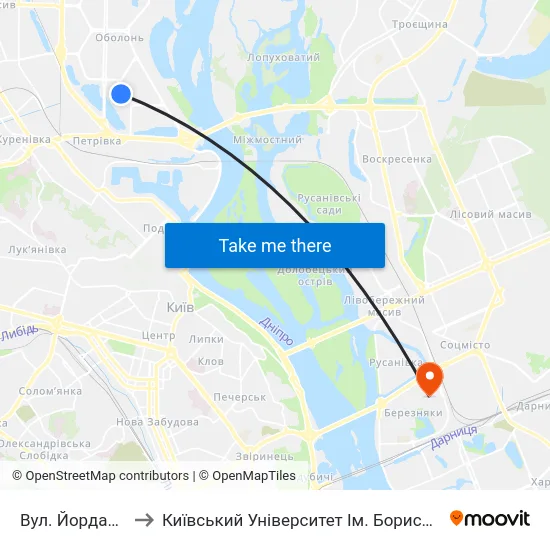 Вул. Йорданська to Київський Університет Ім. Бориса Грінченка map