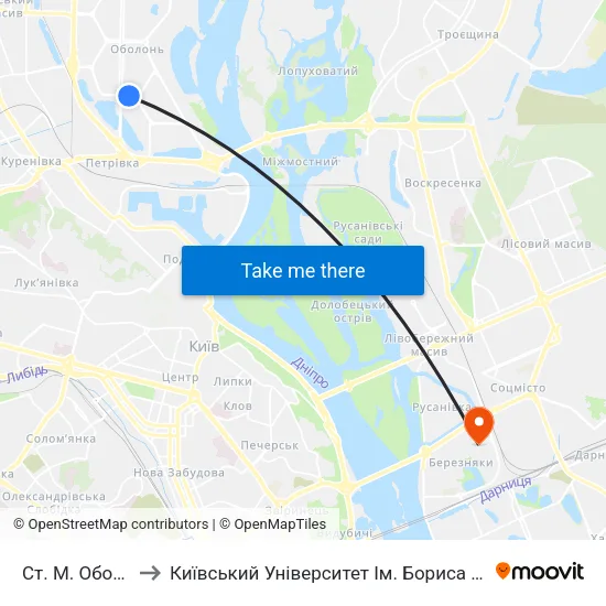 Ст. М. Оболонь to Київський Університет Ім. Бориса Грінченка map