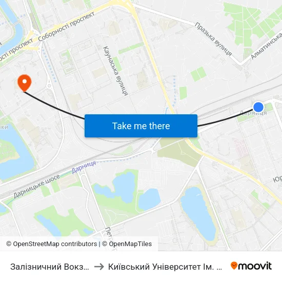 Залізничний Вокзал Дарниця to Київський Університет Ім. Бориса Грінченка map