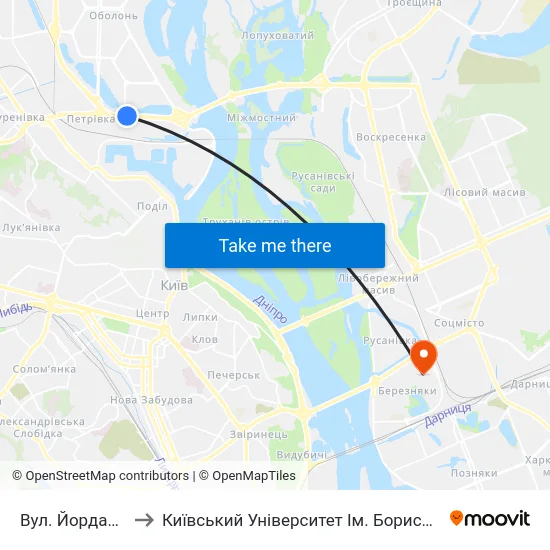 Вул. Йорданська to Київський Університет Ім. Бориса Грінченка map