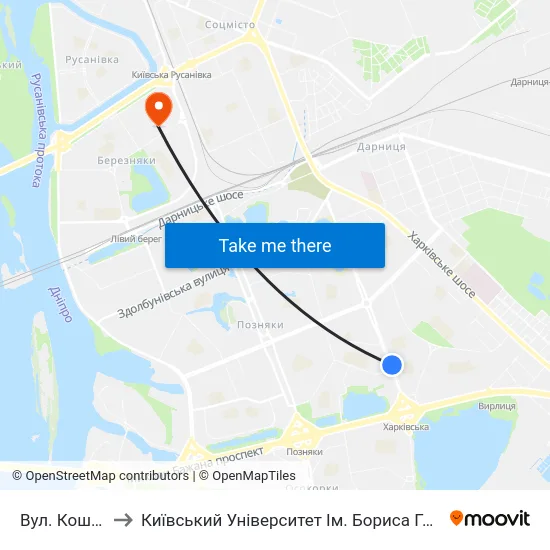 Вул. Кошиця to Київський Університет Ім. Бориса Грінченка map