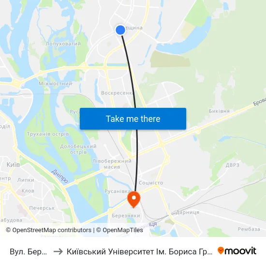 Вул. Беретті to Київський Університет Ім. Бориса Грінченка map