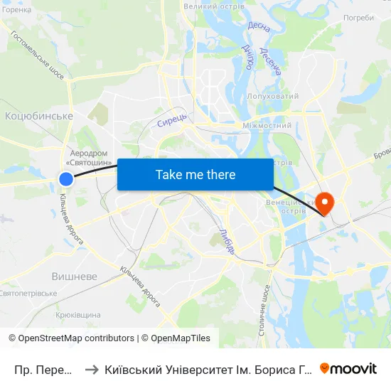 Пр. Перемоги to Київський Університет Ім. Бориса Грінченка map