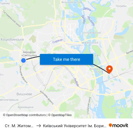 Ст. М. Житомирська to Київський Університет Ім. Бориса Грінченка map