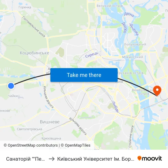 Санаторій ""Перемога"" to Київський Університет Ім. Бориса Грінченка map