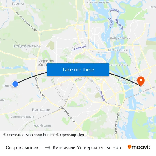 Спорткомплекс Чайка to Київський Університет Ім. Бориса Грінченка map