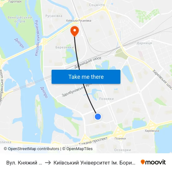 Вул. Княжий Затон to Київський Університет Ім. Бориса Грінченка map
