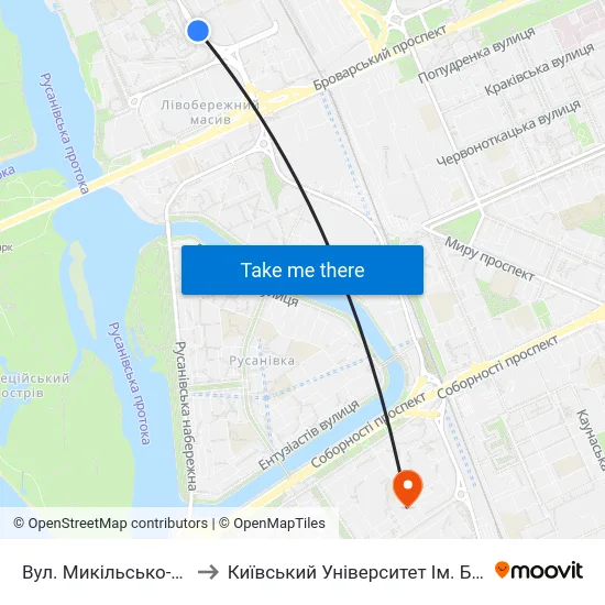 Вул. Микільсько-Слобідська to Київський Університет Ім. Бориса Грінченка map