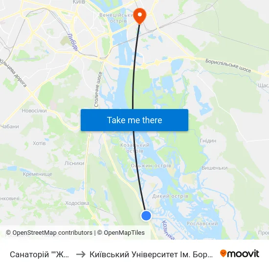 Санаторій ""Жовтень"" to Київський Університет Ім. Бориса Грінченка map
