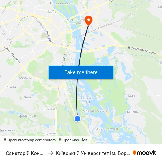 Санаторій Конча-Заспа to Київський Університет Ім. Бориса Грінченка map