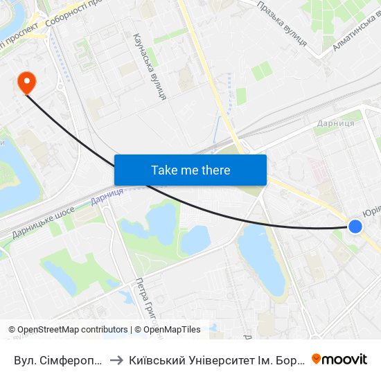 Вул. Сімферопольська to Київський Університет Ім. Бориса Грінченка map