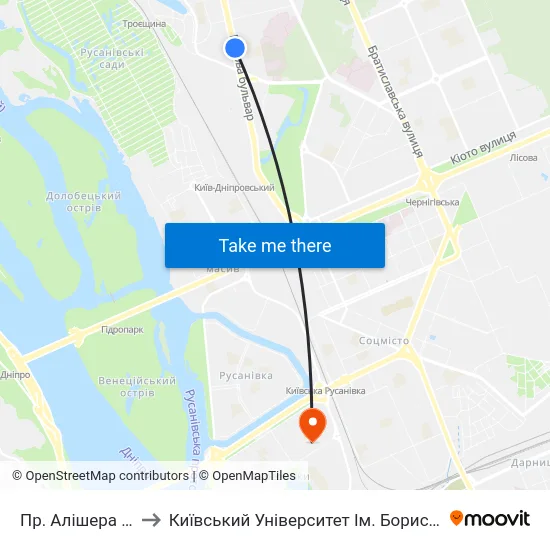 Пр. Алішера Навої to Київський Університет Ім. Бориса Грінченка map