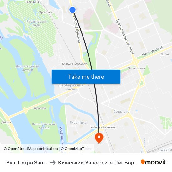 Вул. Петра Запорожця to Київський Університет Ім. Бориса Грінченка map