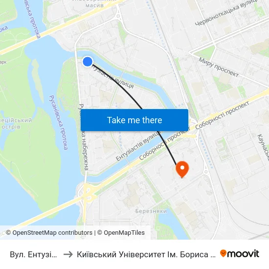 Вул. Ентузіастів to Київський Університет Ім. Бориса Грінченка map
