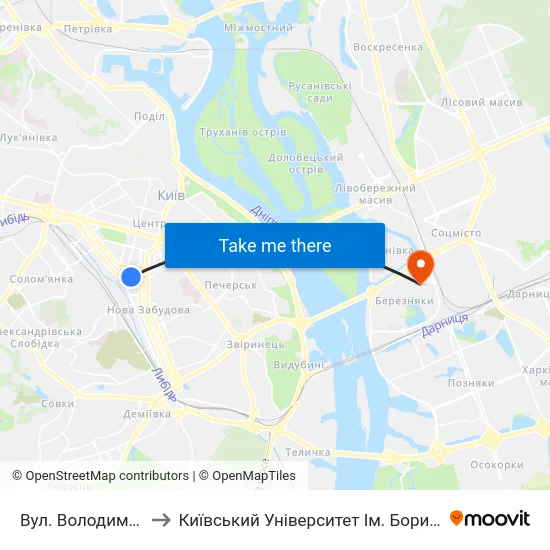 Вул. Володимирська to Київський Університет Ім. Бориса Грінченка map
