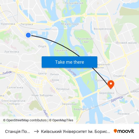 Станція Почайна to Київський Університет Ім. Бориса Грінченка map