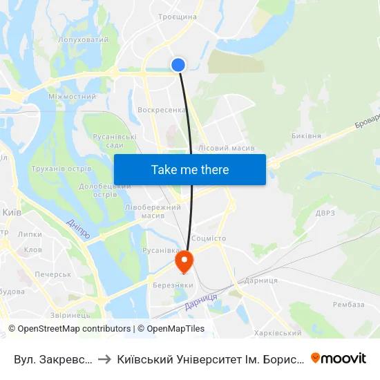 Вул. Закревського to Київський Університет Ім. Бориса Грінченка map