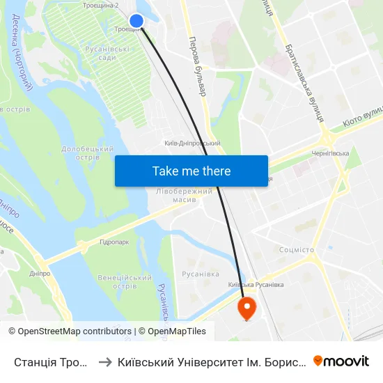 Станція Троєщина to Київський Університет Ім. Бориса Грінченка map